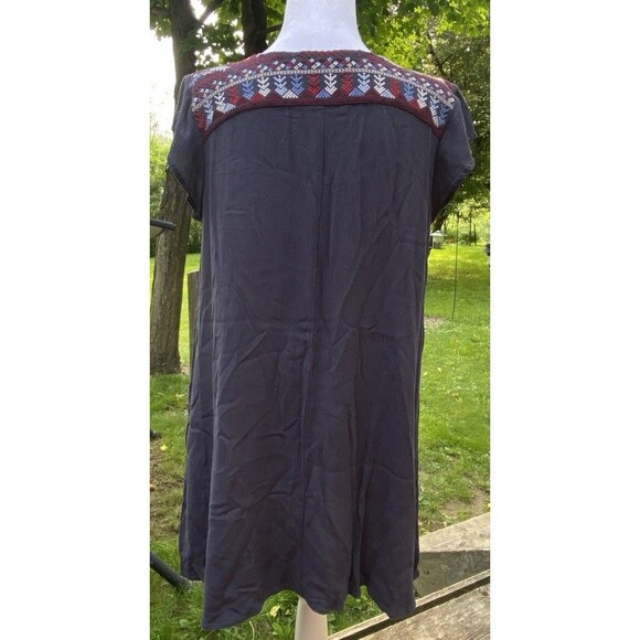 Boho Navy Blue Dress Embroidered Boho Sz Medium Peasant Hippie Short Sleeve Midi - Picture 3 of 16